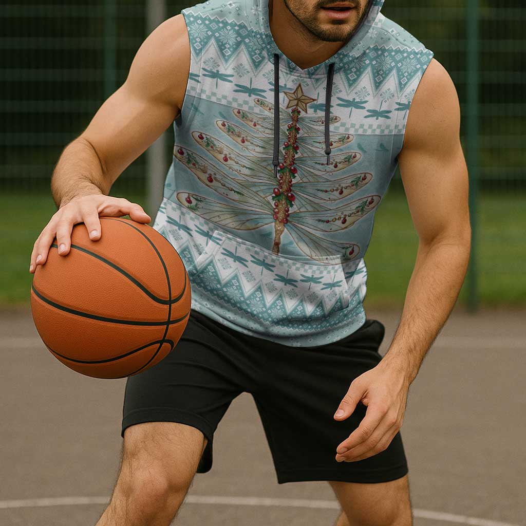 Dragonfly Christmas Sleeveless Hoodie Frosty Minty Xmas Tree - Wonder Print Shop