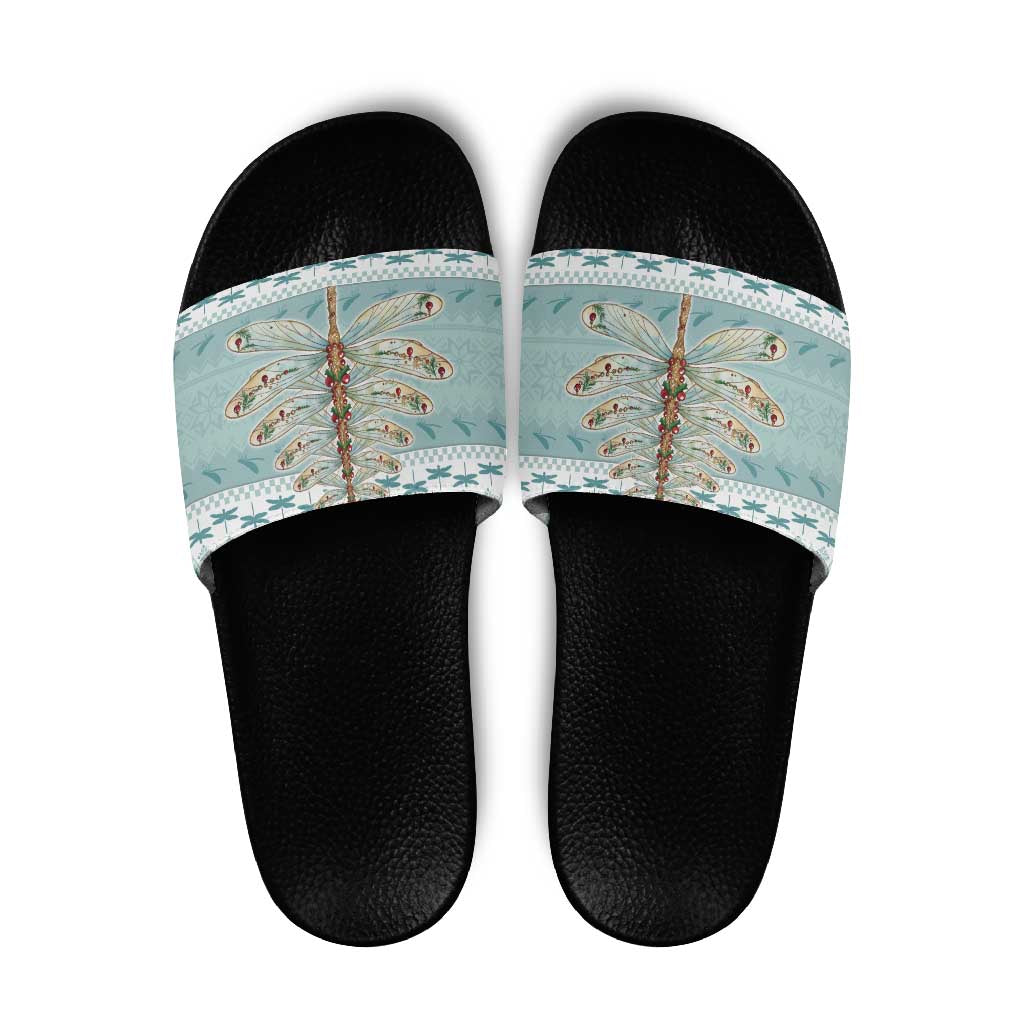 Dragonfly Christmas Slide Sandals Frosty Minty Xmas Tree - Wonder Print Shop