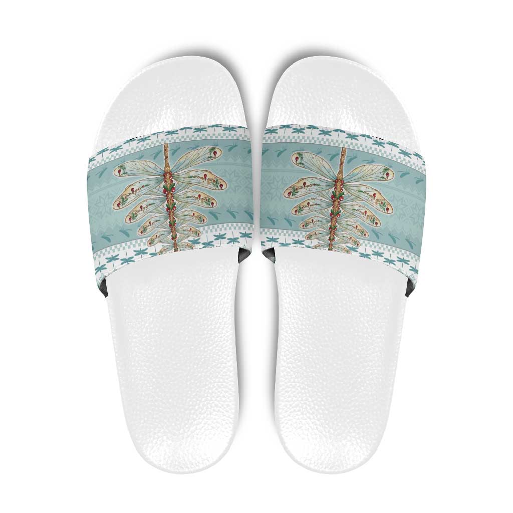 Dragonfly Christmas Slide Sandals Frosty Minty Xmas Tree - Wonder Print Shop