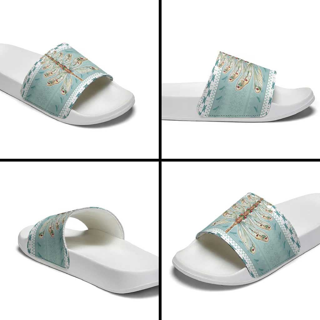 Dragonfly Christmas Slide Sandals Frosty Minty Xmas Tree - Wonder Print Shop
