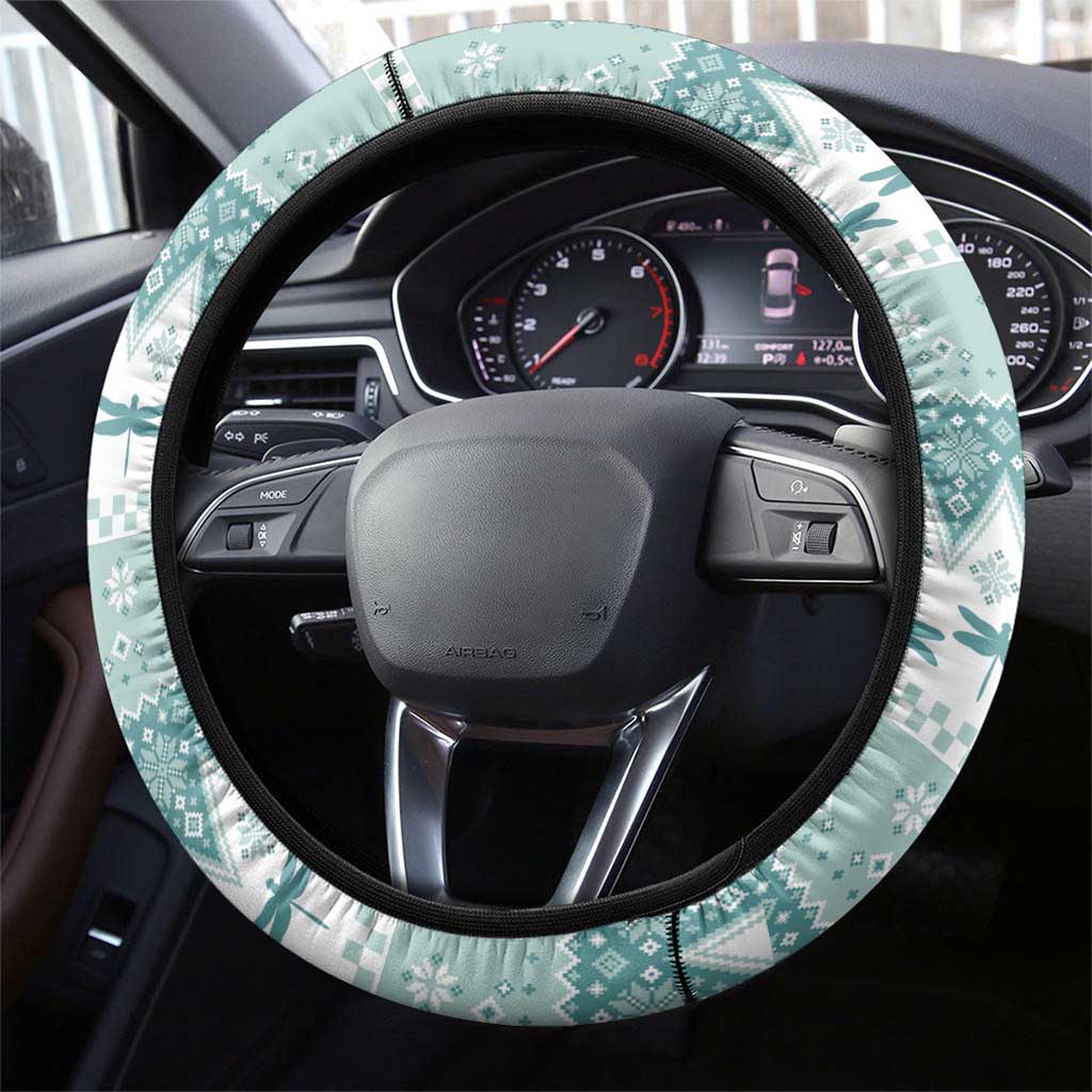 Dragonfly Christmas Steering Wheel Cover Frosty Minty Xmas Tree - Wonder Print Shop