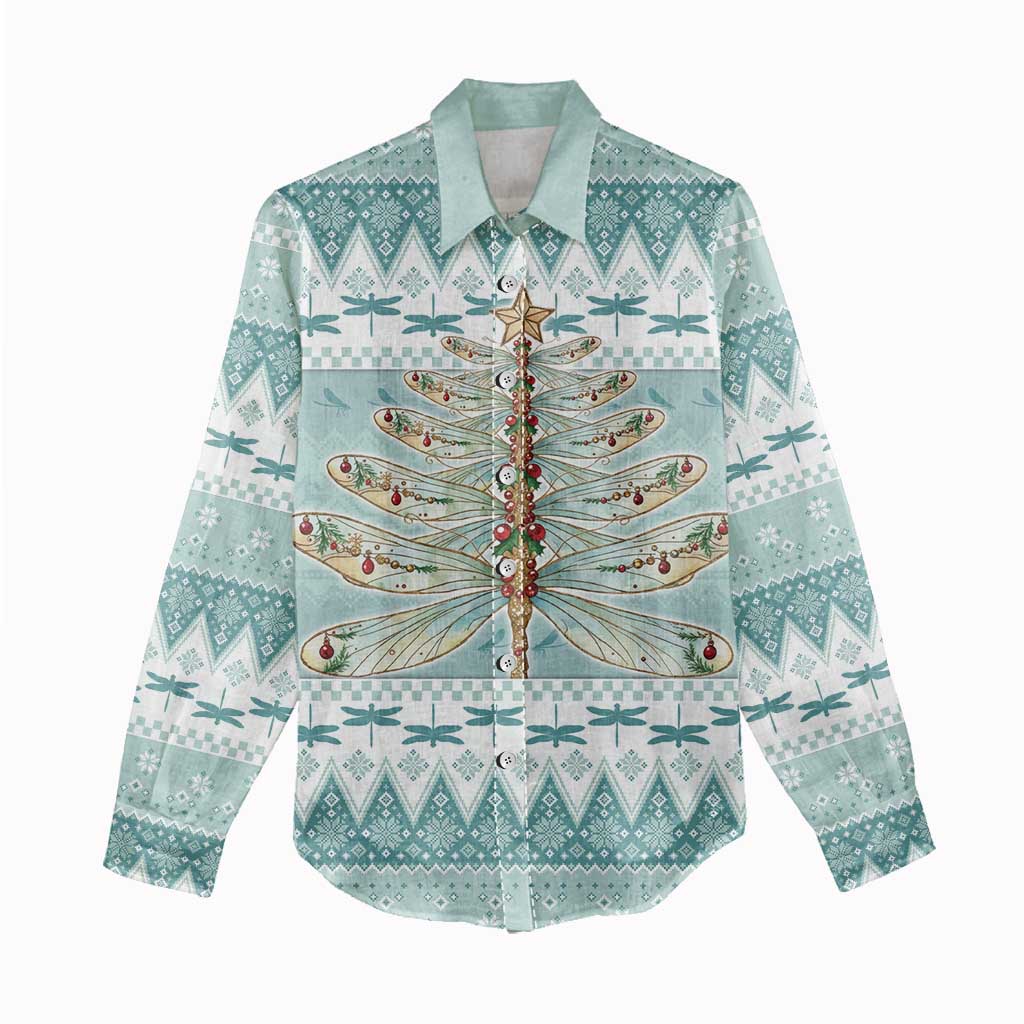 Dragonfly Christmas Women Casual Shirt Frosty Minty Xmas Tree - Wonder Print Shop