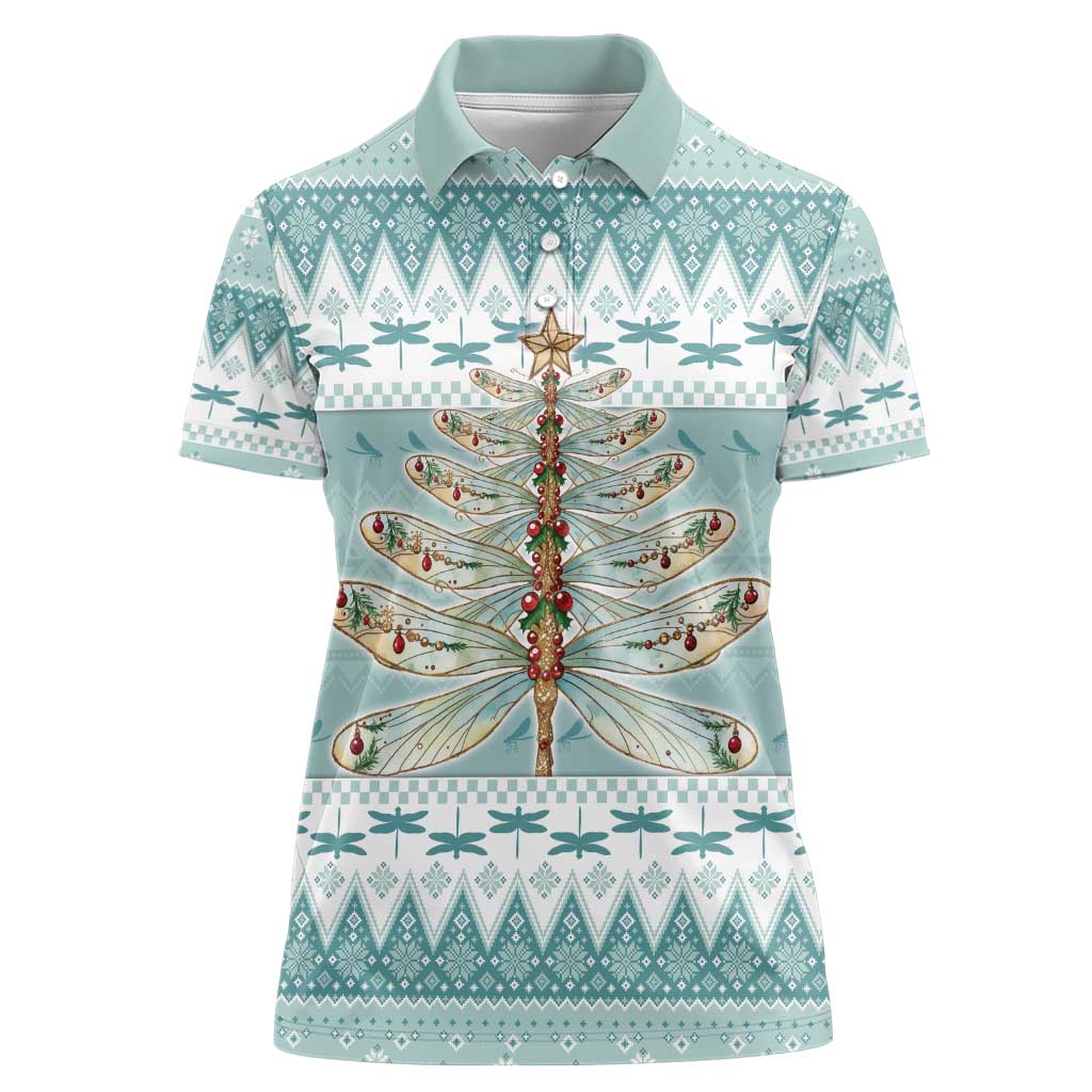 Dragonfly Christmas Women Polo Shirt Frosty Minty Xmas Tree - Wonder Print Shop