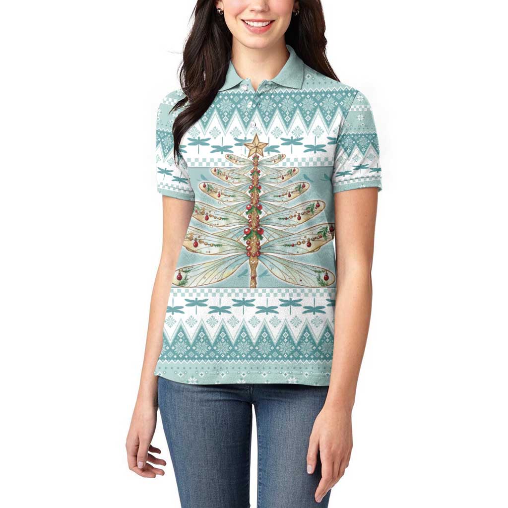 Dragonfly Christmas Women Polo Shirt Frosty Minty Xmas Tree - Wonder Print Shop