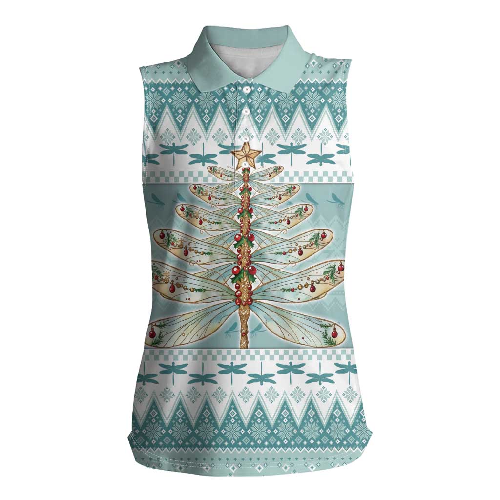 Dragonfly Christmas Women Sleeveless Polo Shirt Frosty Minty Xmas Tree - Wonder Print Shop