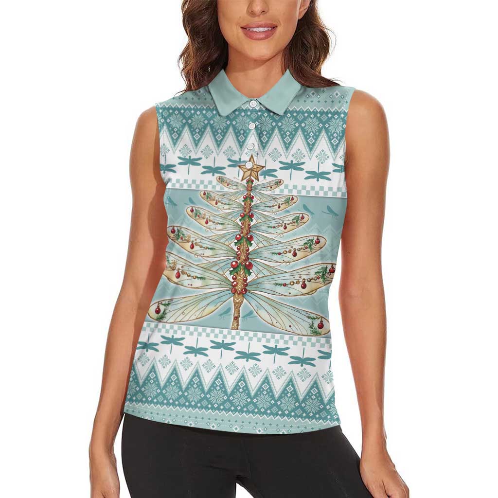 Dragonfly Christmas Women Sleeveless Polo Shirt Frosty Minty Xmas Tree - Wonder Print Shop