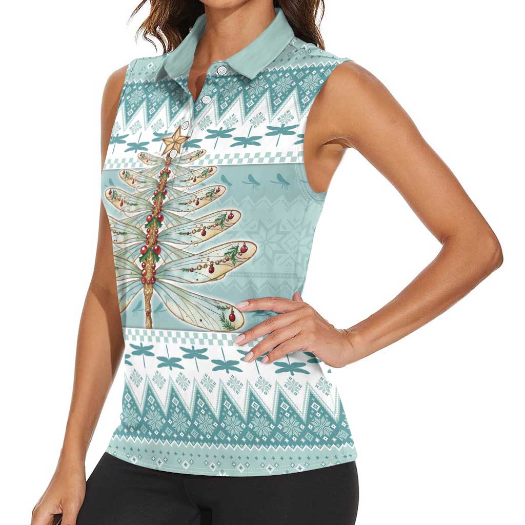 Dragonfly Christmas Women Sleeveless Polo Shirt Frosty Minty Xmas Tree - Wonder Print Shop