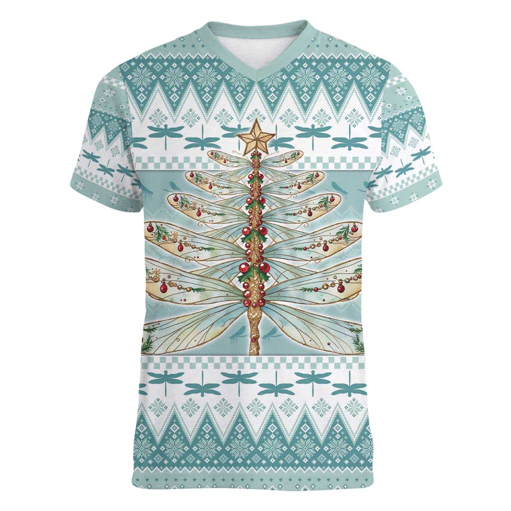 Dragonfly Christmas Women V-Neck T-Shirt Frosty Minty Xmas Tree - Wonder Print Shop