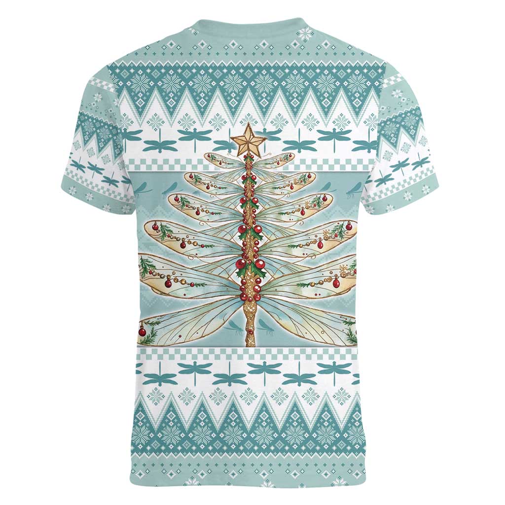 Dragonfly Christmas Women V-Neck T-Shirt Frosty Minty Xmas Tree - Wonder Print Shop