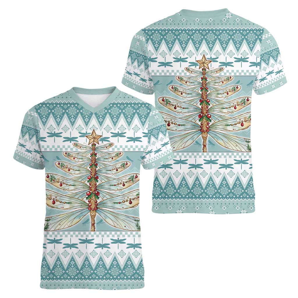 Dragonfly Christmas Women V-Neck T-Shirt Frosty Minty Xmas Tree - Wonder Print Shop