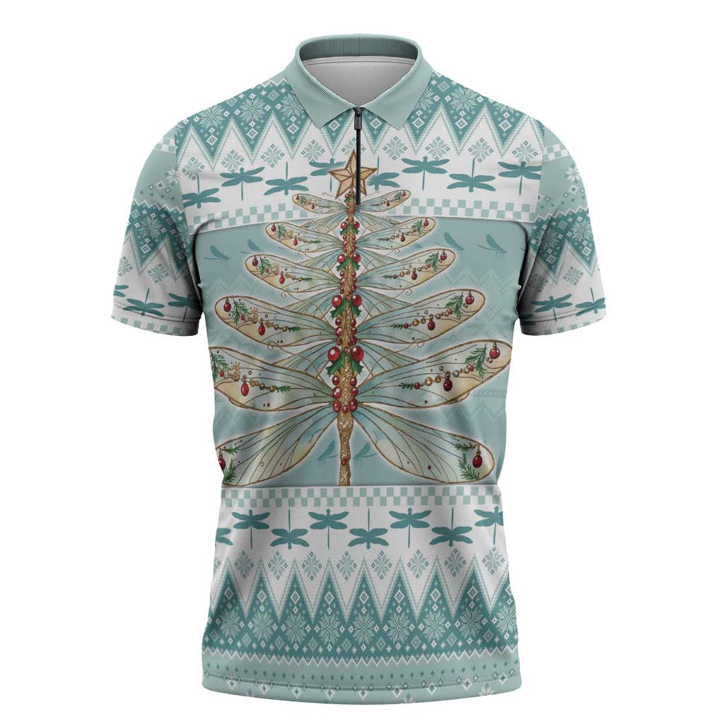 Dragonfly Christmas Zipper Polo Shirt Frosty Minty Xmas Tree - Wonder Print Shop