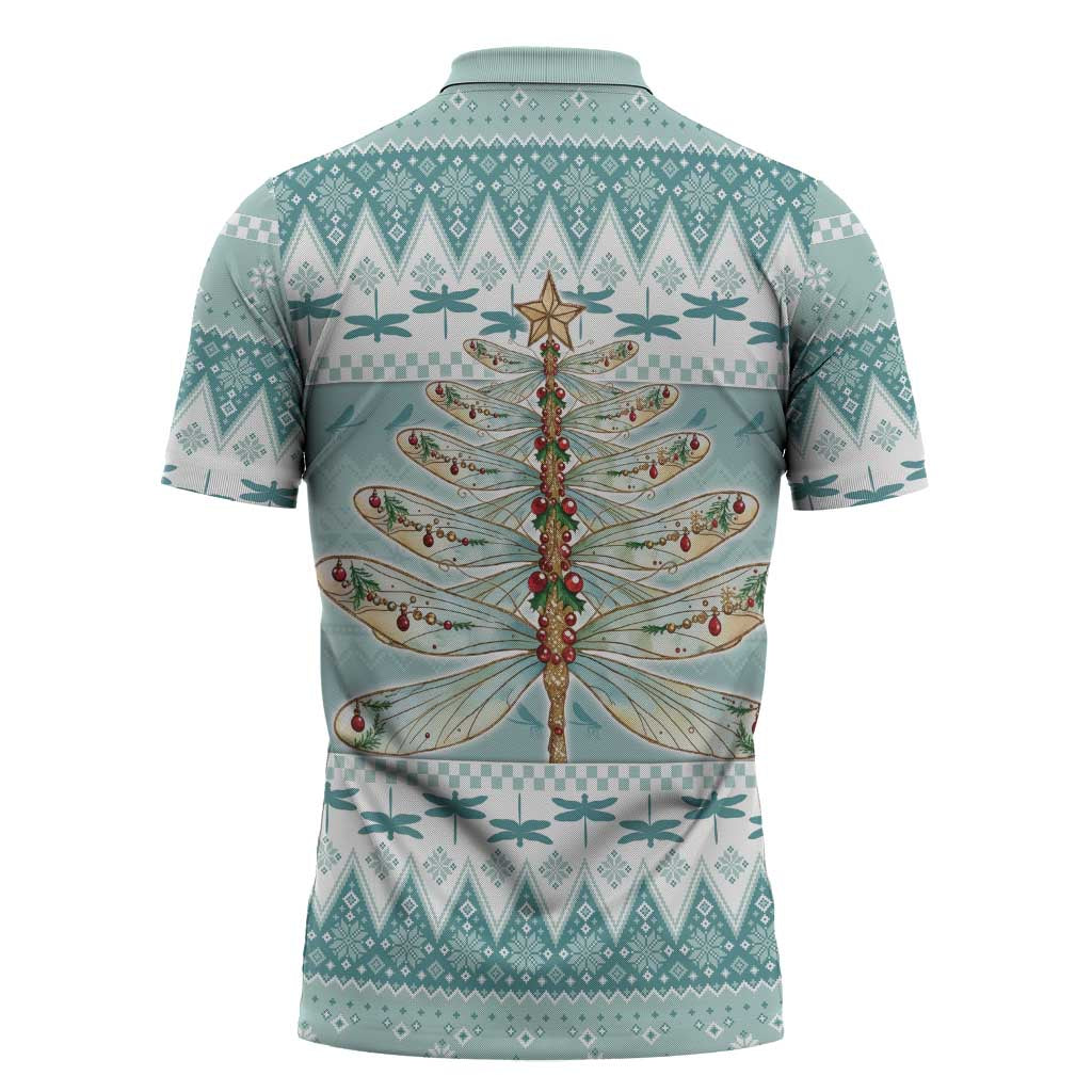 Dragonfly Christmas Zipper Polo Shirt Frosty Minty Xmas Tree - Wonder Print Shop