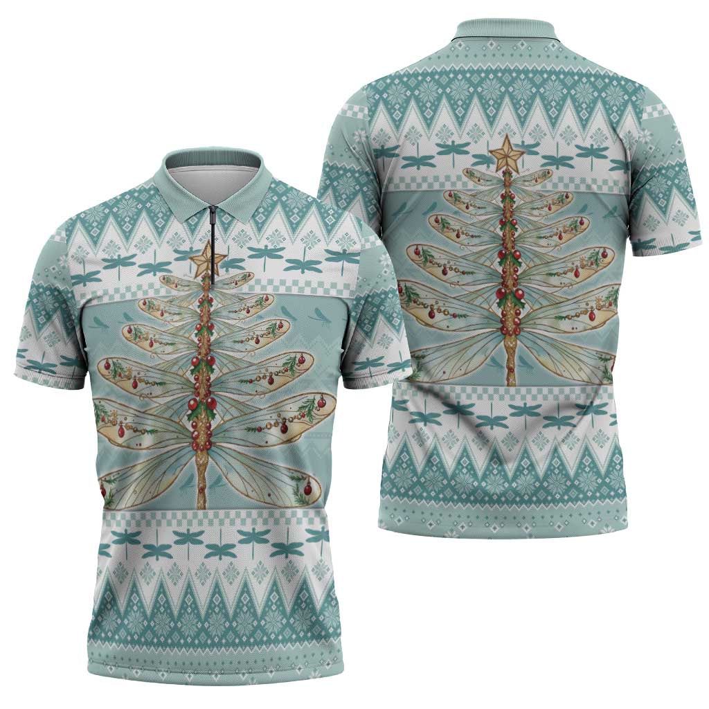 Dragonfly Christmas Zipper Polo Shirt Frosty Minty Xmas Tree - Wonder Print Shop