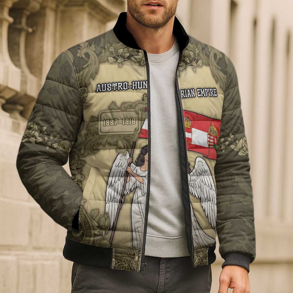 Personalized Austria-Hungary Bomber Puffer Jacket Angel Holding A Flag Vintage Style - Wonder Print Shop