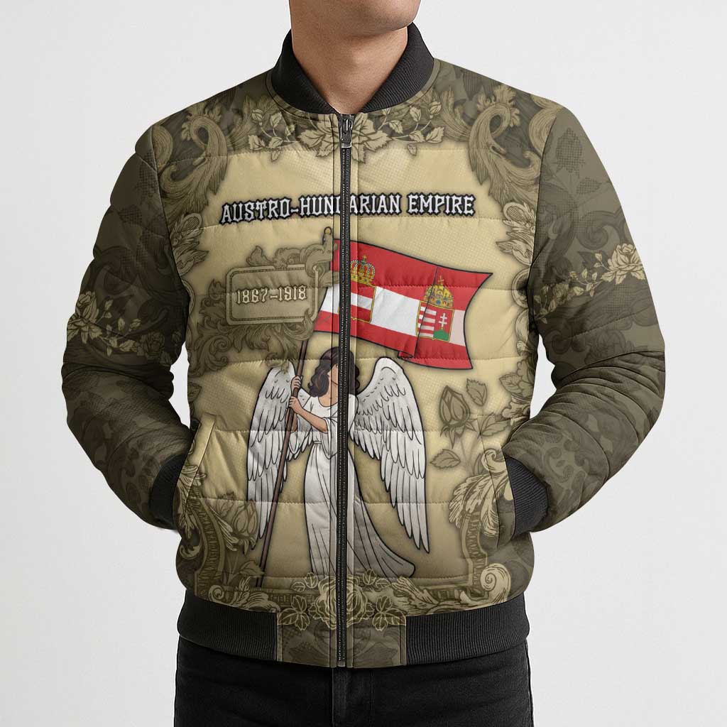 Personalized Austria-Hungary Bomber Puffer Jacket Angel Holding A Flag Vintage Style - Wonder Print Shop
