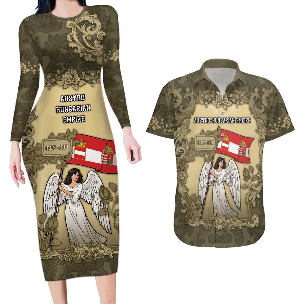 Personalized Austria-Hungary Couples Matching Long Sleeve Bodycon Dress and Hawaiian Shirt Angel Holding A Flag Vintage Style - Wonder Print Shop