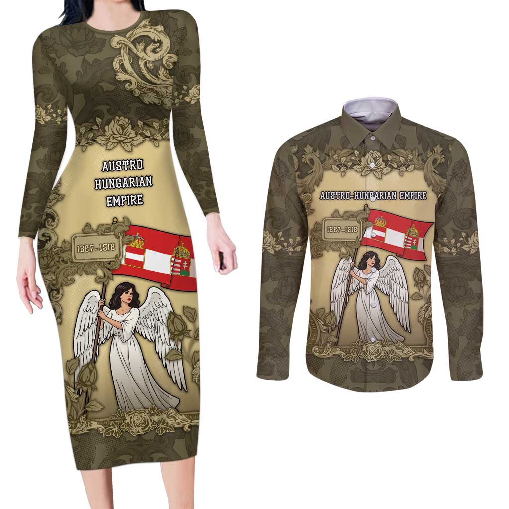 Personalized Austria-Hungary Couples Matching Long Sleeve Bodycon Dress and Long Sleeve Button Shirt Angel Holding A Flag Vintage Style - Wonder Print Shop