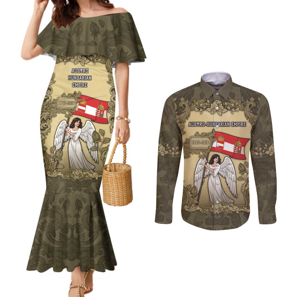 Personalized Austria-Hungary Couples Matching Mermaid Dress and Long Sleeve Button Shirt Angel Holding A Flag Vintage Style - Wonder Print Shop