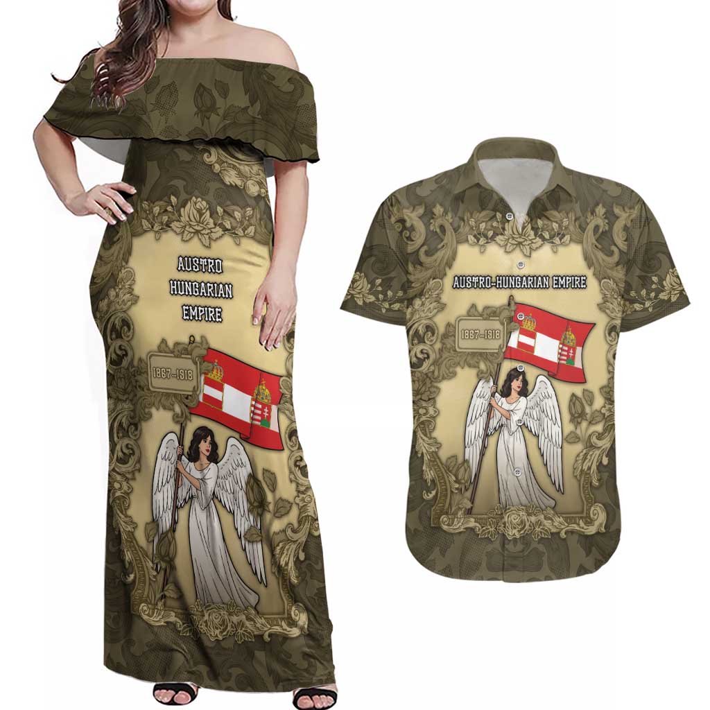 Personalized Austria-Hungary Couples Matching Off Shoulder Maxi Dress and Hawaiian Shirt Angel Holding A Flag Vintage Style - Wonder Print Shop
