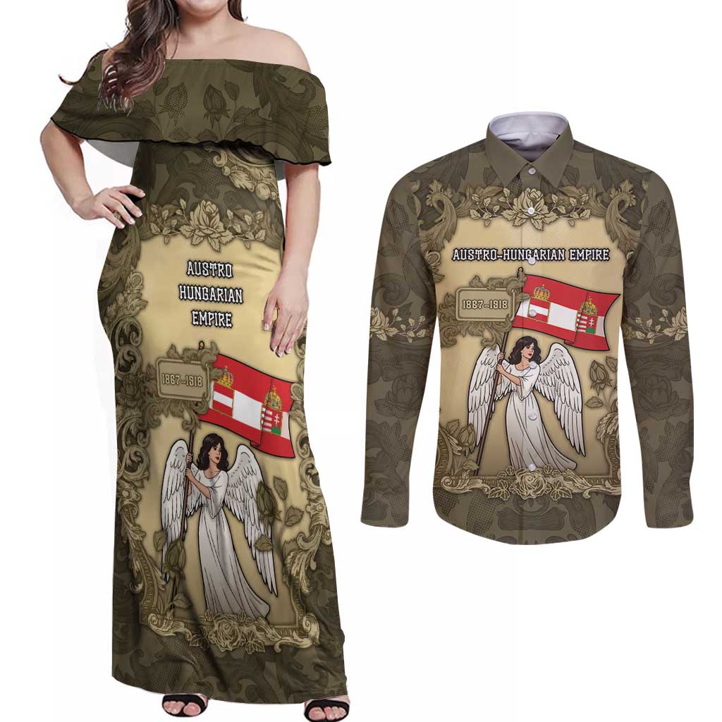 Personalized Austria-Hungary Couples Matching Off Shoulder Maxi Dress and Long Sleeve Button Shirt Angel Holding A Flag Vintage Style - Wonder Print Shop