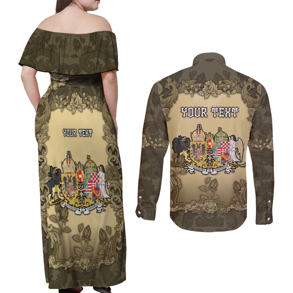 Personalized Austria-Hungary Couples Matching Off Shoulder Maxi Dress and Long Sleeve Button Shirt Angel Holding A Flag Vintage Style - Wonder Print Shop
