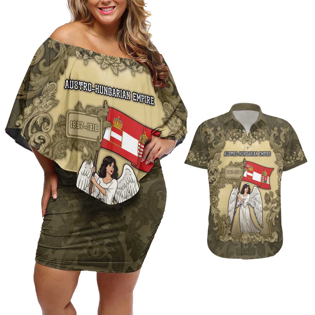Personalized Austria-Hungary Couples Matching Off Shoulder Short Dress and Hawaiian Shirt Angel Holding A Flag Vintage Style - Wonder Print Shop