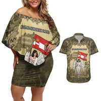 Personalized Austria-Hungary Couples Matching Off Shoulder Short Dress and Hawaiian Shirt Angel Holding A Flag Vintage Style - Wonder Print Shop