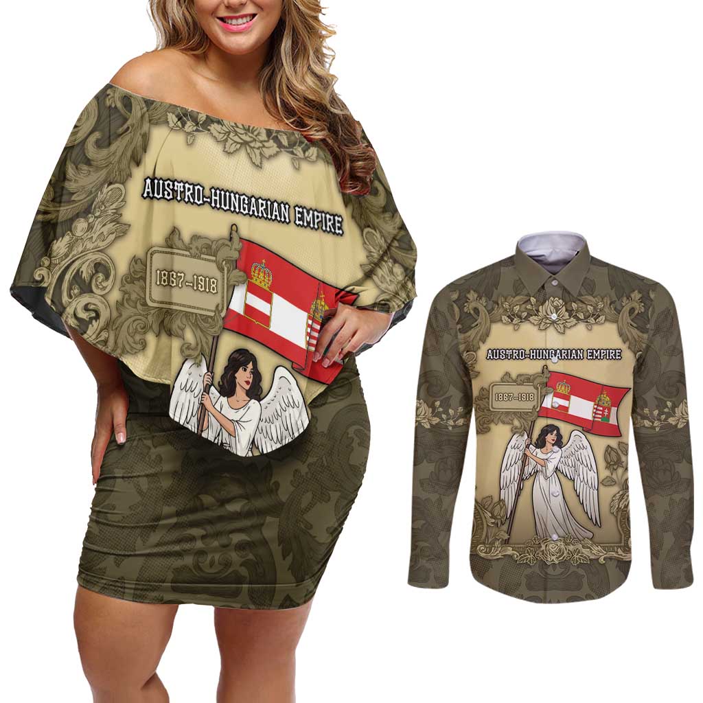Personalized Austria-Hungary Couples Matching Off Shoulder Short Dress and Long Sleeve Button Shirt Angel Holding A Flag Vintage Style - Wonder Print Shop