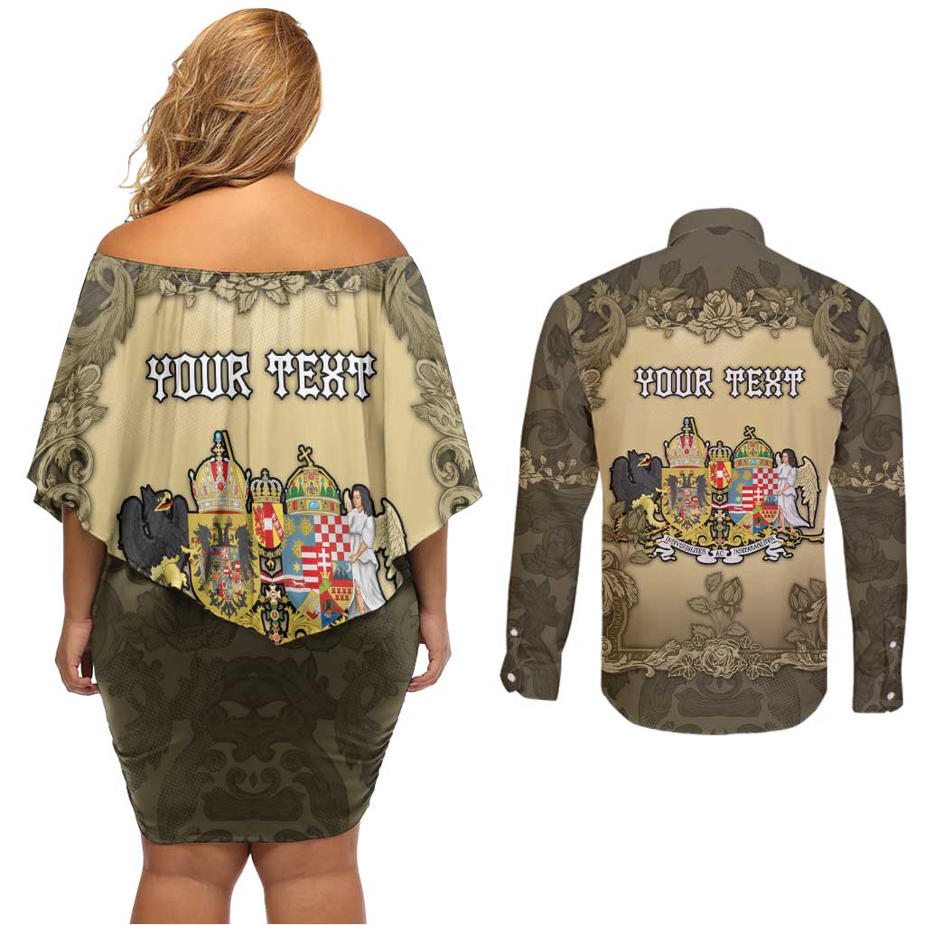 Personalized Austria-Hungary Couples Matching Off Shoulder Short Dress and Long Sleeve Button Shirt Angel Holding A Flag Vintage Style - Wonder Print Shop