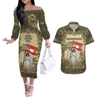 Personalized Austria-Hungary Couples Matching Off The Shoulder Long Sleeve Dress and Hawaiian Shirt Angel Holding A Flag Vintage Style - Wonder Print Shop