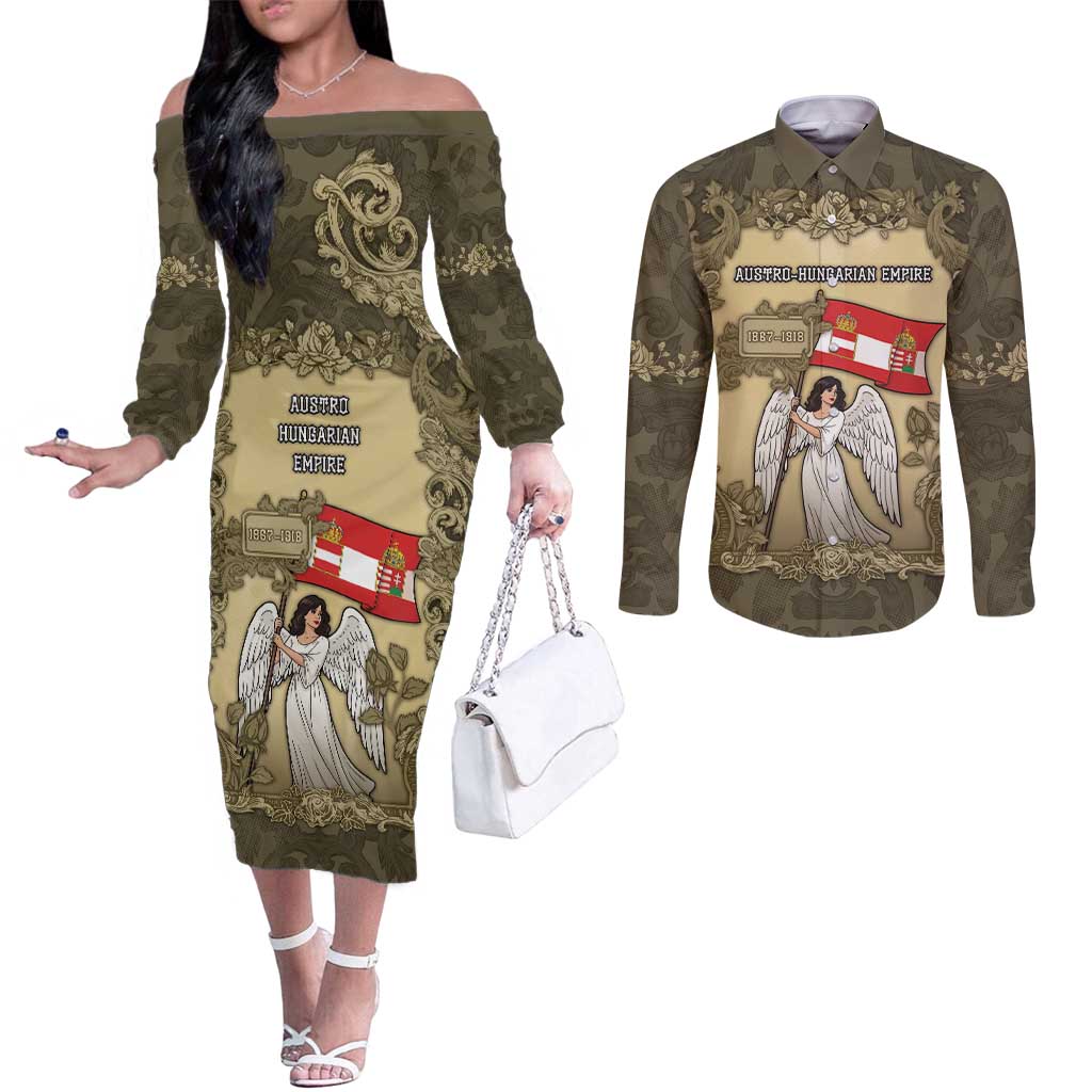 Personalized Austria-Hungary Couples Matching Off The Shoulder Long Sleeve Dress and Long Sleeve Button Shirt Angel Holding A Flag Vintage Style - Wonder Print Shop