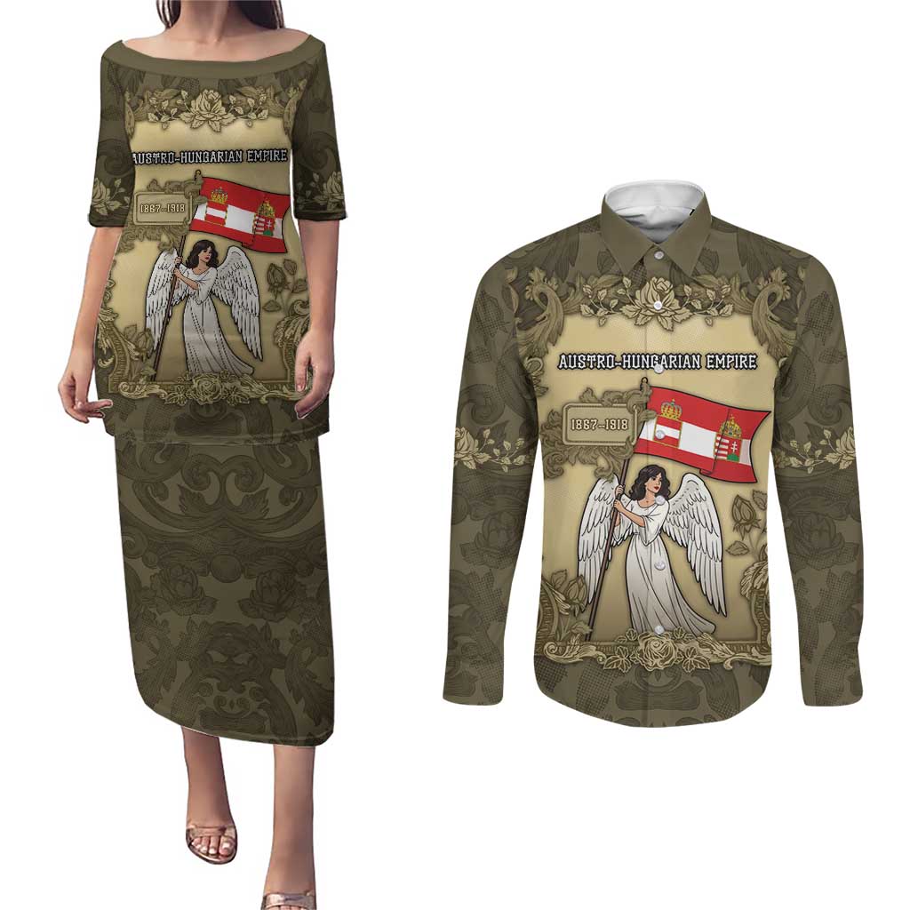 Personalized Austria-Hungary Couples Matching Puletasi and Long Sleeve Button Shirt Angel Holding A Flag Vintage Style - Wonder Print Shop