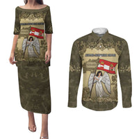 Personalized Austria-Hungary Couples Matching Puletasi and Long Sleeve Button Shirt Angel Holding A Flag Vintage Style - Wonder Print Shop