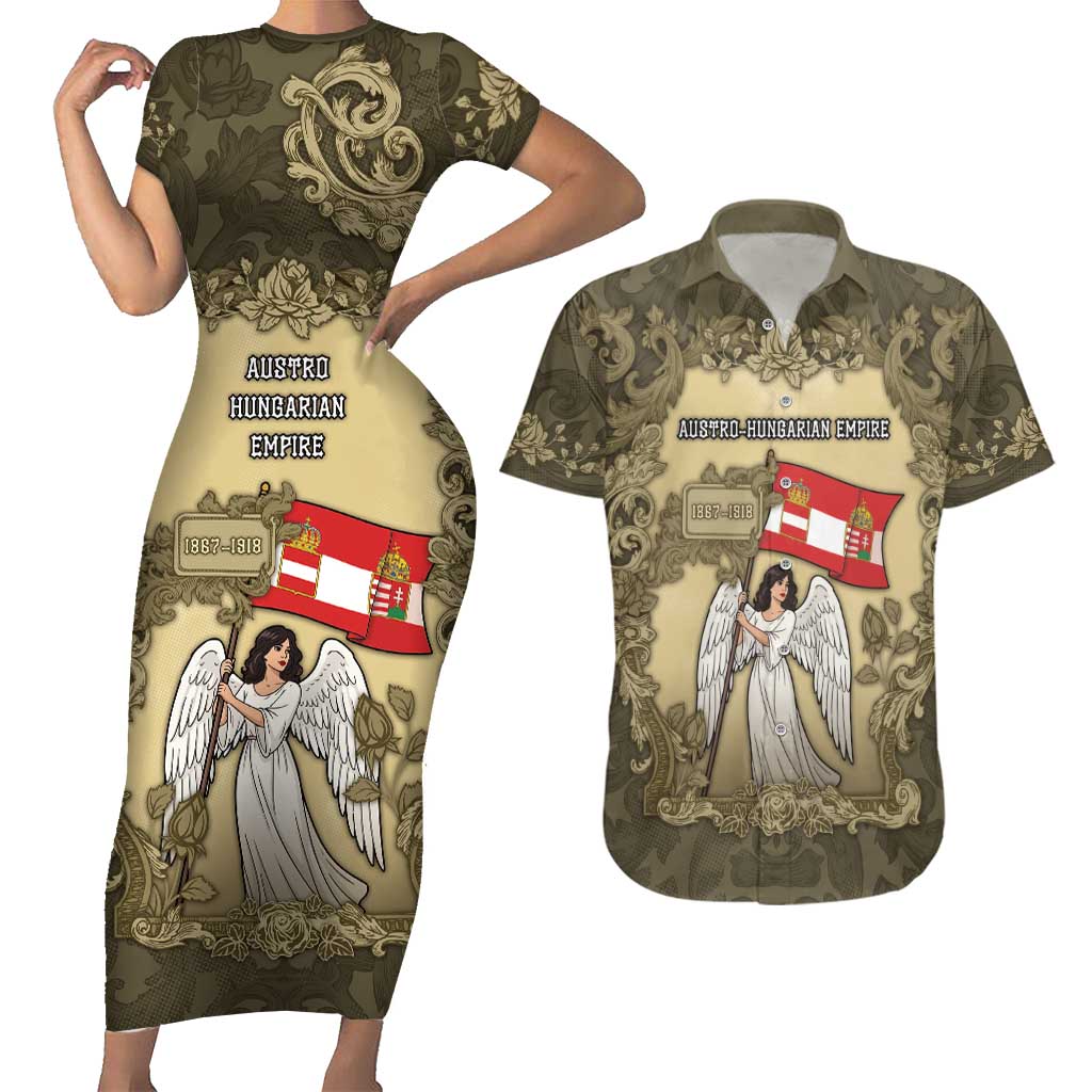 Personalized Austria-Hungary Couples Matching Short Sleeve Bodycon Dress and Hawaiian Shirt Angel Holding A Flag Vintage Style - Wonder Print Shop