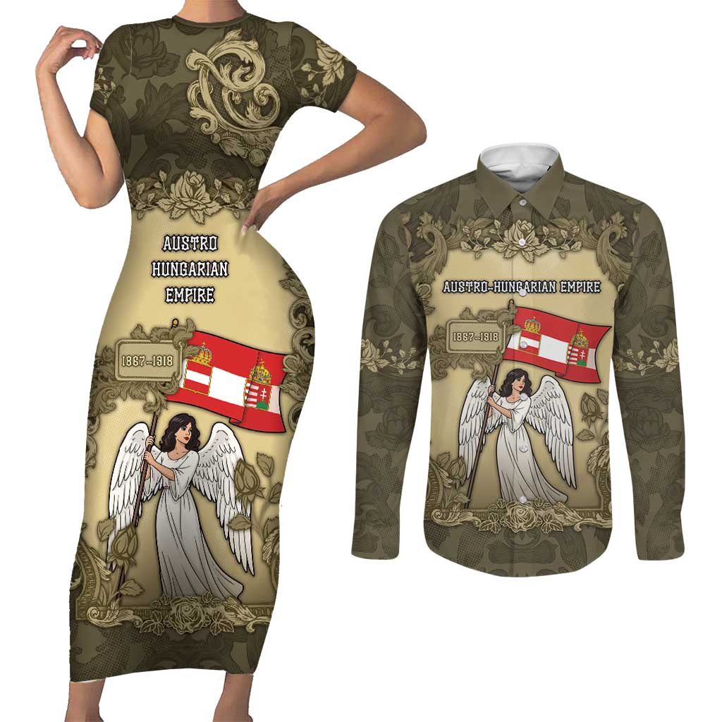 Personalized Austria-Hungary Couples Matching Short Sleeve Bodycon Dress and Long Sleeve Button Shirt Angel Holding A Flag Vintage Style - Wonder Print Shop