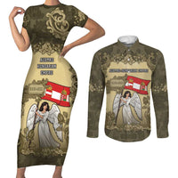 Personalized Austria-Hungary Couples Matching Short Sleeve Bodycon Dress and Long Sleeve Button Shirt Angel Holding A Flag Vintage Style - Wonder Print Shop