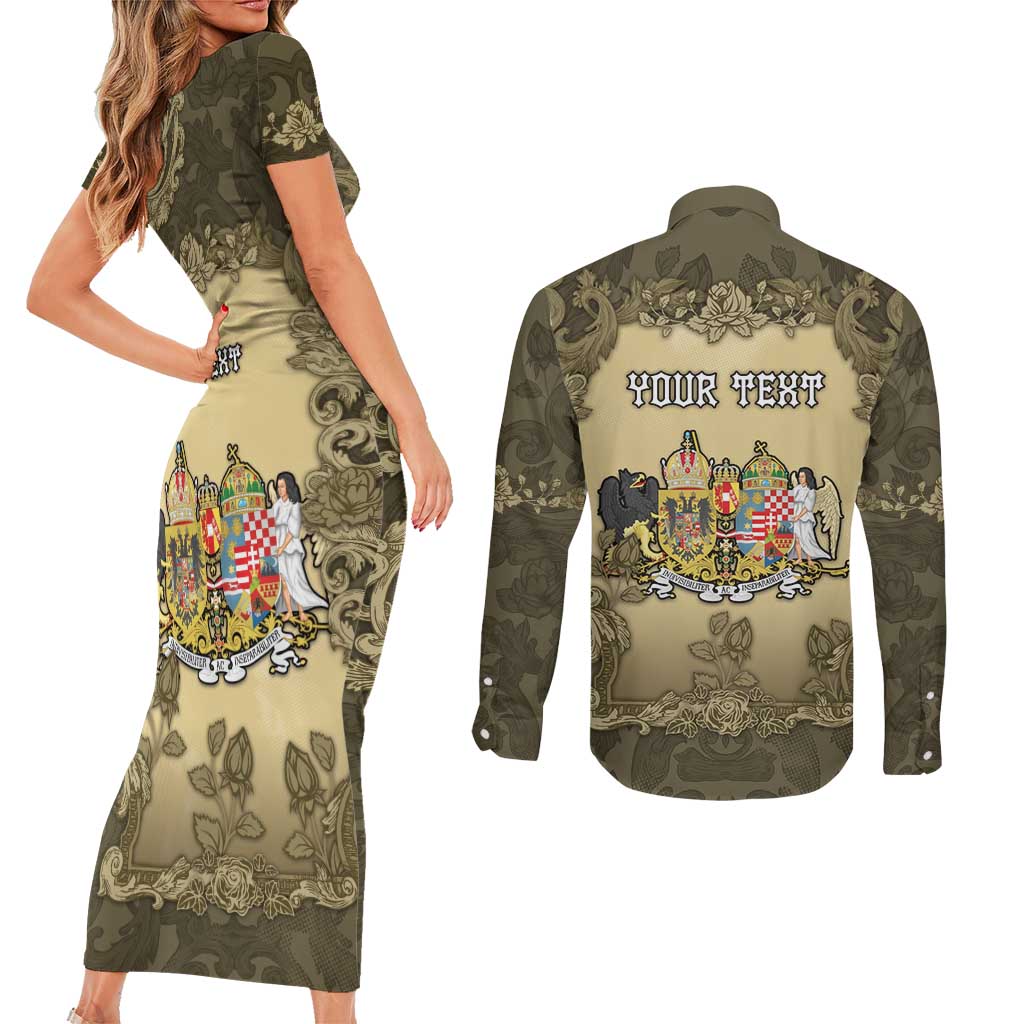 Personalized Austria-Hungary Couples Matching Short Sleeve Bodycon Dress and Long Sleeve Button Shirt Angel Holding A Flag Vintage Style - Wonder Print Shop