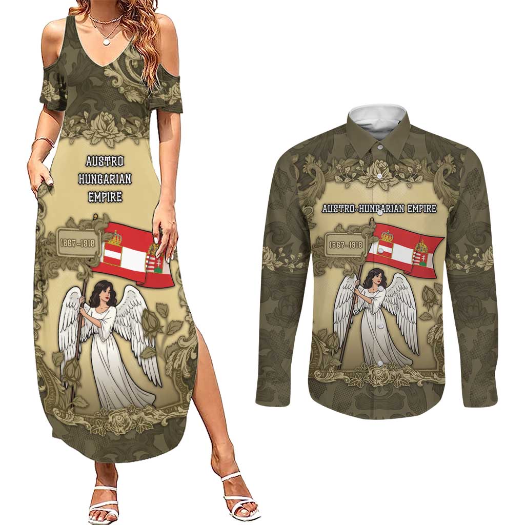 Personalized Austria-Hungary Couples Matching Summer Maxi Dress and Long Sleeve Button Shirt Angel Holding A Flag Vintage Style - Wonder Print Shop