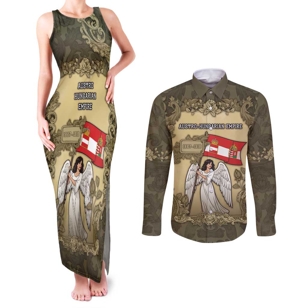 Personalized Austria-Hungary Couples Matching Tank Maxi Dress and Long Sleeve Button Shirt Angel Holding A Flag Vintage Style - Wonder Print Shop