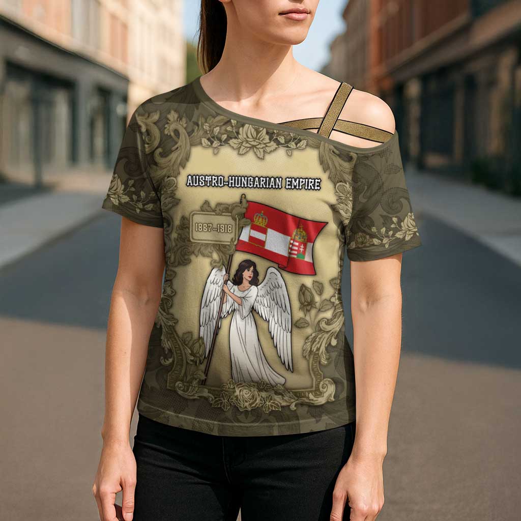 Personalized Austria-Hungary Cross Shoulder Shirt Angel Holding A Flag Vintage Style - Wonder Print Shop