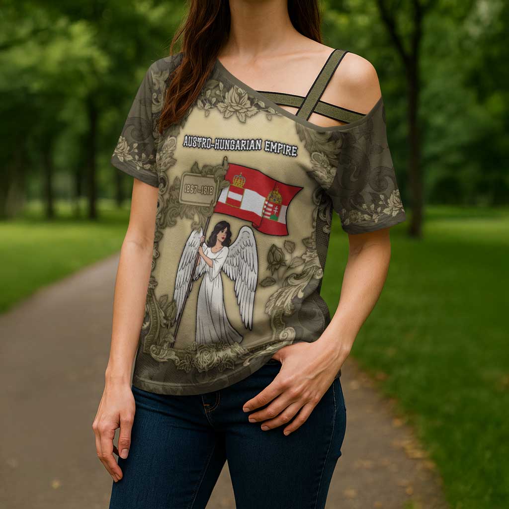 Personalized Austria-Hungary Cross Shoulder Shirt Angel Holding A Flag Vintage Style - Wonder Print Shop