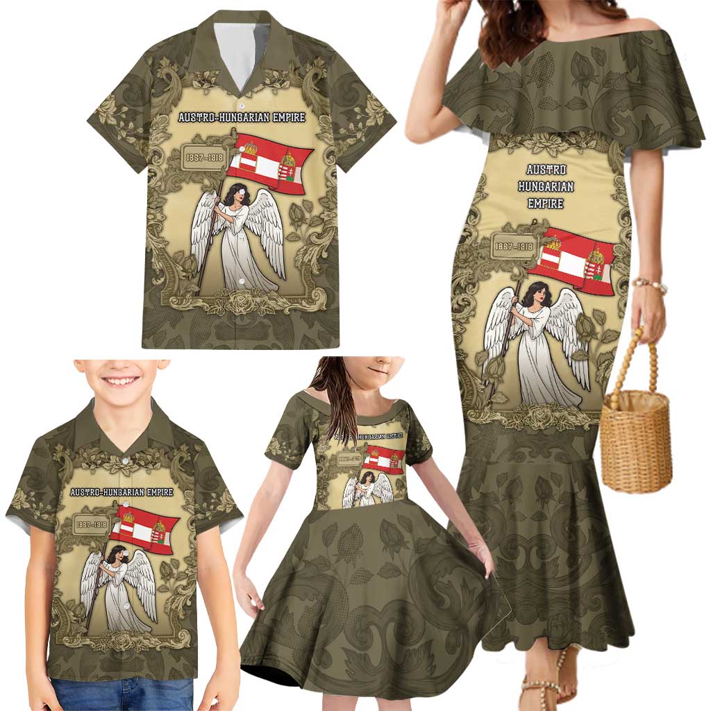 Personalized Austria-Hungary Family Matching Mermaid Dress and Hawaiian Shirt Angel Holding A Flag Vintage Style - Wonder Print Shop