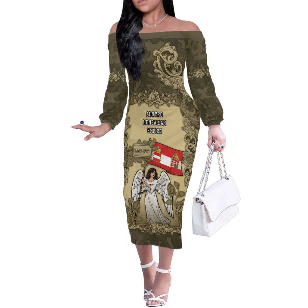 Personalized Austria-Hungary Family Matching Off The Shoulder Long Sleeve Dress and Hawaiian Shirt Angel Holding A Flag Vintage Style - Wonder Print Shop