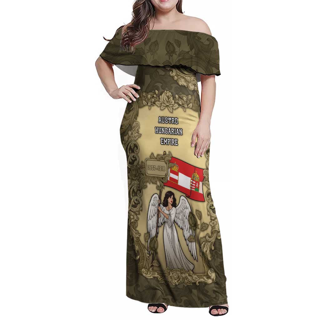 Personalized Austria-Hungary Family Matching Off Shoulder Maxi Dress and Hawaiian Shirt Angel Holding A Flag Vintage Style - Wonder Print Shop
