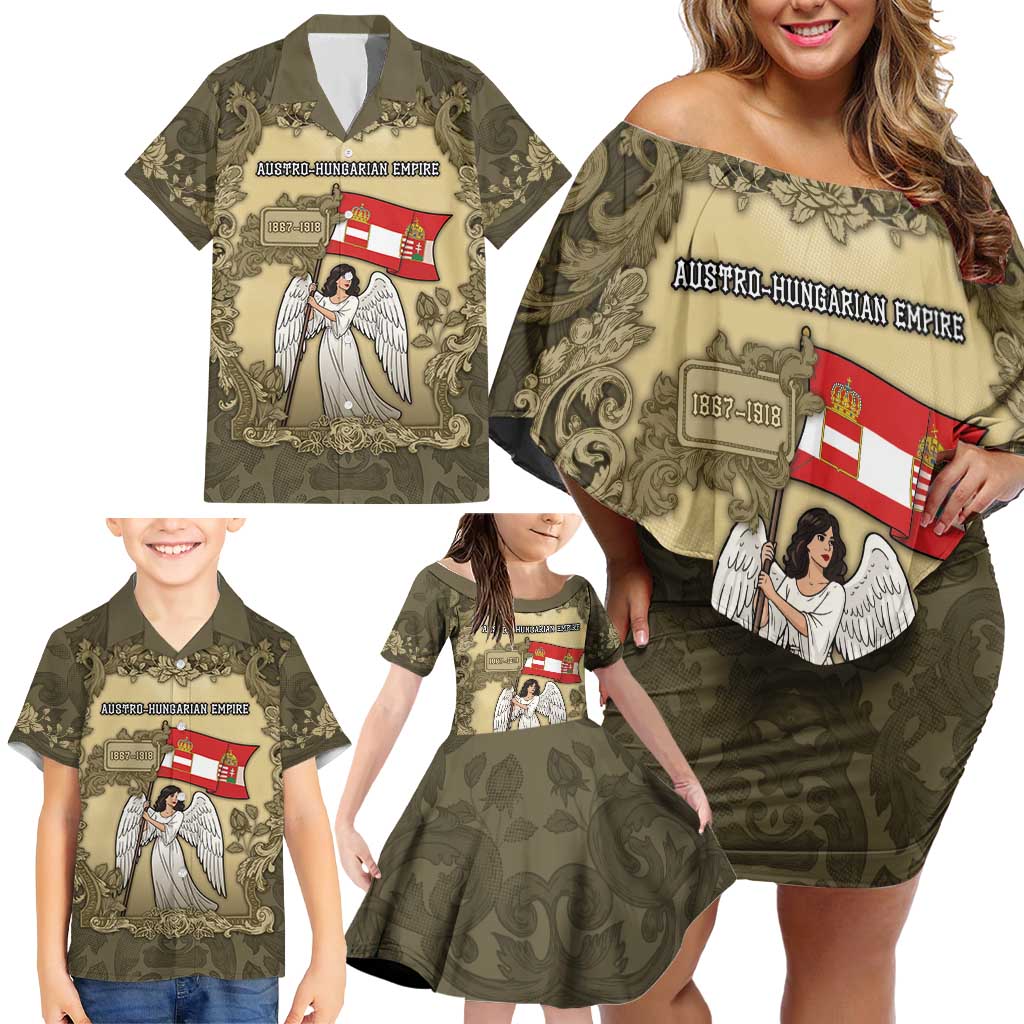Personalized Austria-Hungary Family Matching Off Shoulder Short Dress and Hawaiian Shirt Angel Holding A Flag Vintage Style - Wonder Print Shop