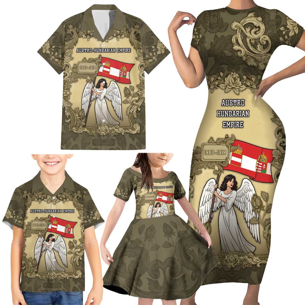 Personalized Austria-Hungary Family Matching Short Sleeve Bodycon Dress and Hawaiian Shirt Angel Holding A Flag Vintage Style - Wonder Print Shop