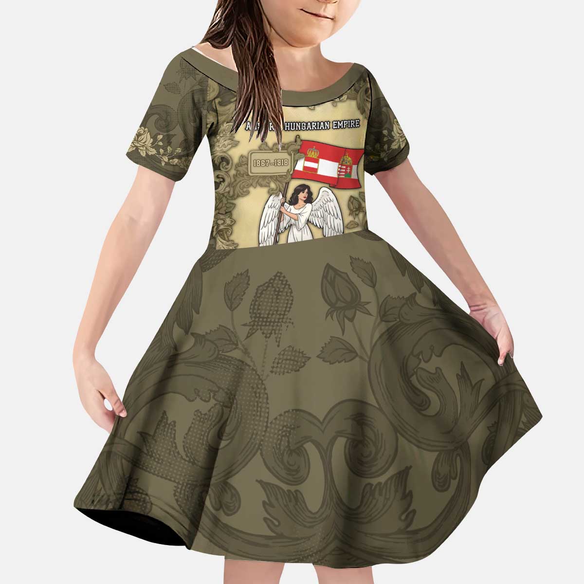 Personalized Austria-Hungary Kid Short Sleeve Dress Angel Holding A Flag Vintage Style - Wonder Print Shop