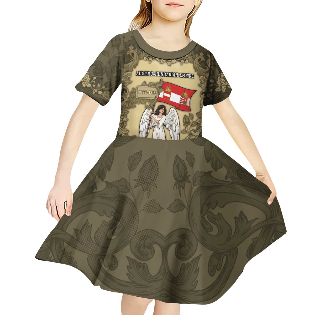 Personalized Austria-Hungary Kid Short Sleeve Dress Angel Holding A Flag Vintage Style - Wonder Print Shop