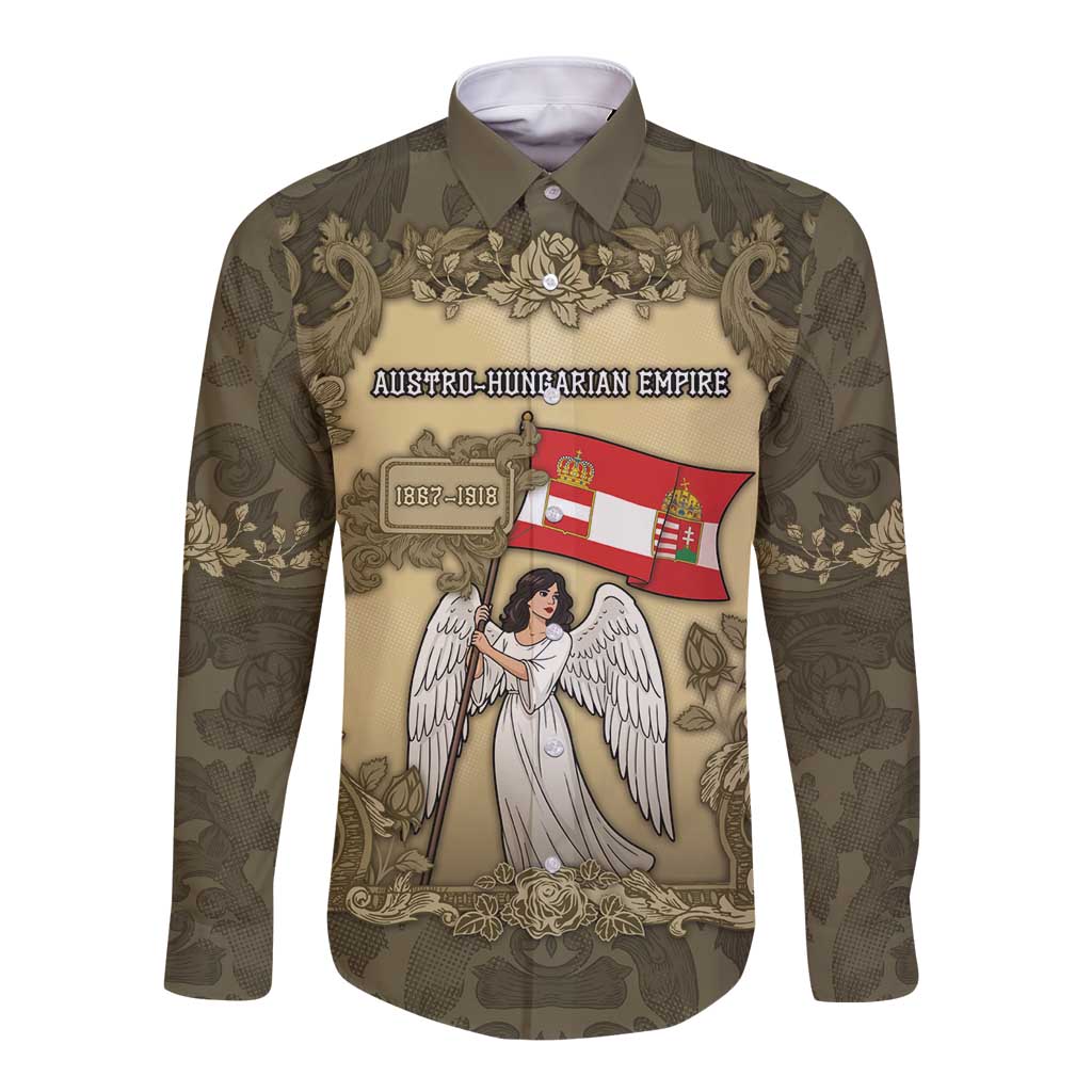Personalized Austria-Hungary Long Sleeve Button Shirt Angel Holding A Flag Vintage Style - Wonder Print Shop