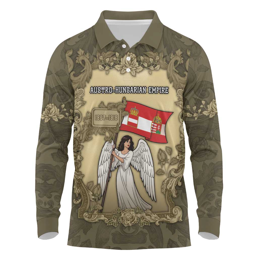 Personalized Austria-Hungary Long Sleeve Polo Shirt Angel Holding A Flag Vintage Style - Wonder Print Shop